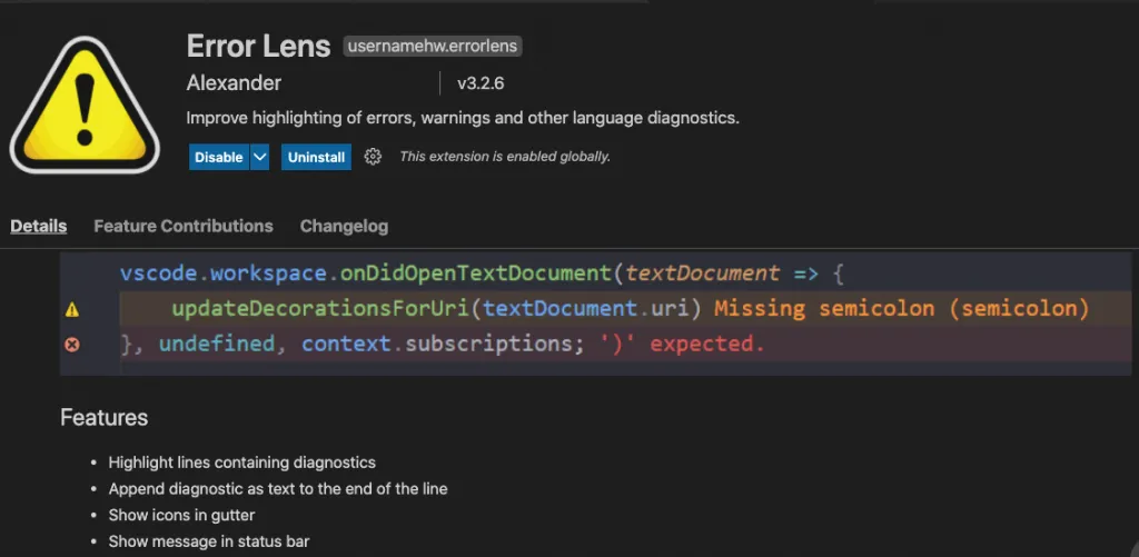 Error Lens menampilkan error langsung di samping kode