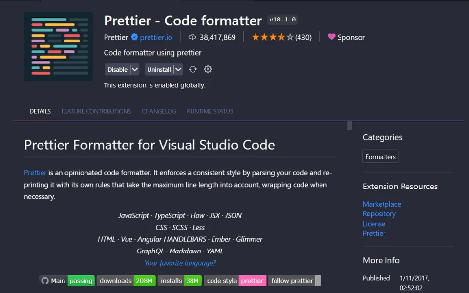 Prettier merapikan kode secara otomatis dengan satu klik